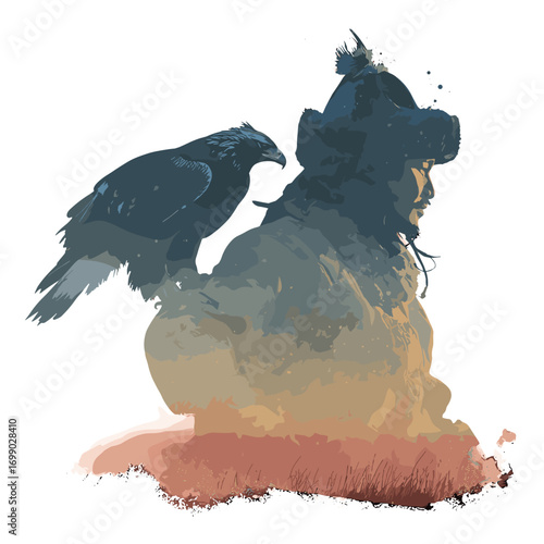 Ancient Hunter's Bond: A majestic illustration depicts a fierce warrior and his noble eagle in perfect harmony, embodying a rich cultural narrative.