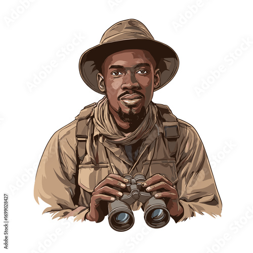 Explorer's Gaze: A determined explorer holds a pair of binoculars, poised to uncover the world's mysteries, his gaze fixed with the intensity of discovery and adventure.