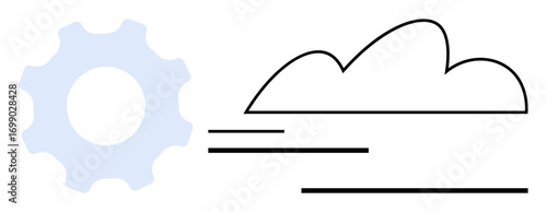 Blue gear with stylized cloud and motion lines conveys cloud automation, technology, innovation, and process optimization. Ideal for tech, cloud computing, data, engineering and workflow. Flat