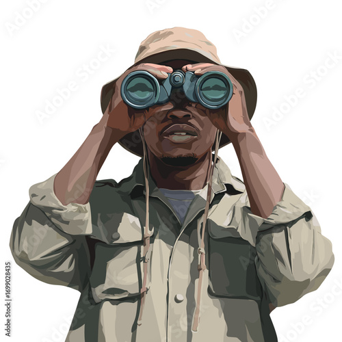 Binoculars in Focus:  An individual's intense gaze through binoculars, capturing the moment of observation, ready to observe the wonders of nature.