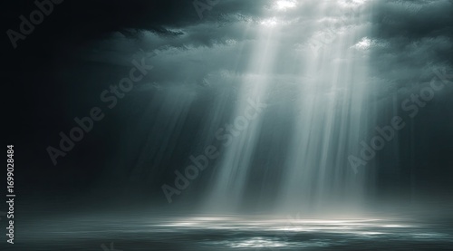 Dark clouds, bright rays of light, illuminated space