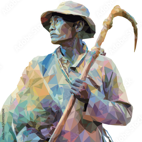 Modern Farmer Portrait: A low-poly artistic depiction of a weathered farmer holding a sickle, set against a clean backdrop, embodying the quiet strength and resilience of rural labor. 