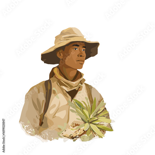 Portrait of a Naturalist: A naturalist, clad in earthy tones and a broad-brimmed hat, gazes thoughtfully with the vegetation. a beautiful illustration.