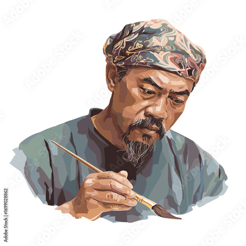 Artisan at Work: A skilled artisan, engrossed in the creative process, delicately maneuvers a paintbrush, transforming a blank canvas into a masterpiece with focused precision.