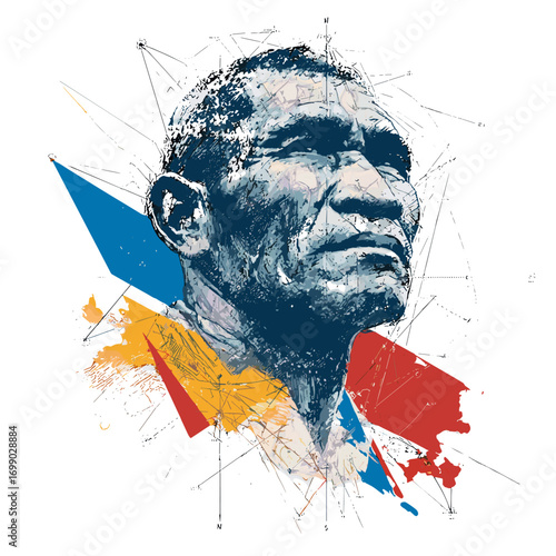 Portrait of Strength: This striking illustration features a dignified individual, their gaze set with resolve. The image is enriched with bold, geometric elements and a palette of vibrant colors.