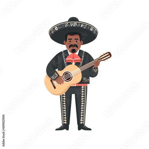 Mariachi Musician with Guitar: A vibrant illustration captures a charismatic mariachi musician, skillfully strumming a guitar while dressed in traditional attire, celebrating a cultural experience.