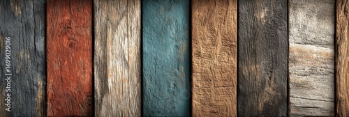 Colorful wooden planks arranged in an artistic pattern showcasing different textures in a creative setting