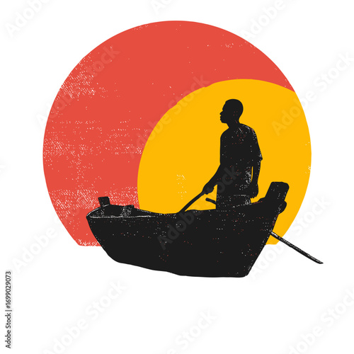 Solitary Journey: An isolated silhouette rows a boat on tranquil waters, against a backdrop of a vibrant sun, representing a serene journey or the dawn of a new day.