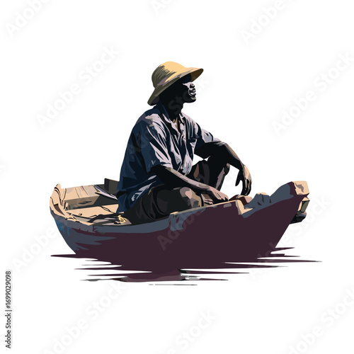 A Man in the Wooden Boat: A contemplative man sits in a weathered wooden boat, contemplating the serene beauty of nature and the tranquil expanse of the open water.