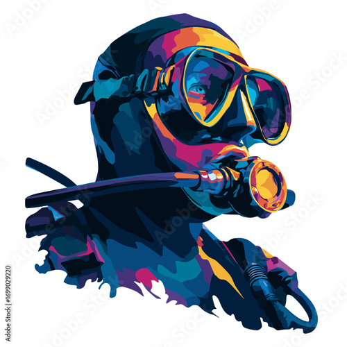 Vibrant Scuba Diver Illustration: A colorful, artistic depiction of a scuba diver, with bold lines and a spectrum of hues creating a dynamic visual experience of the underwater world.