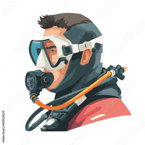 Deep Dive Explorer: A meticulously designed illustration depicts a diver, poised and prepared, with detailed equipment ready for an immersive underwater adventure.
