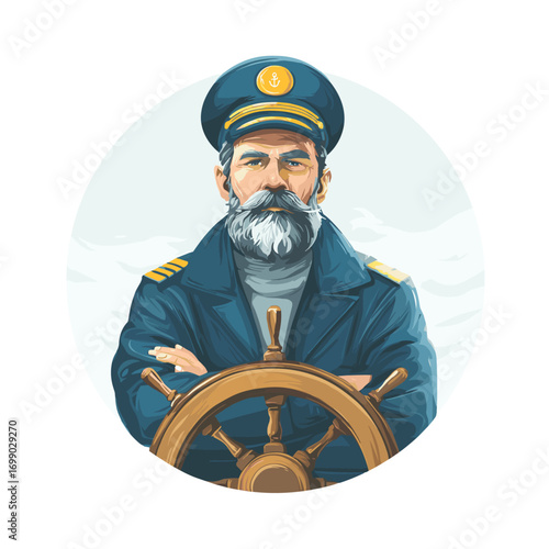 The Guiding Navigator: A seasoned ship captain, handsomely bearded, confidently steers the wheel of his vessel, embodies strength, knowledge, and unwavering determination. 