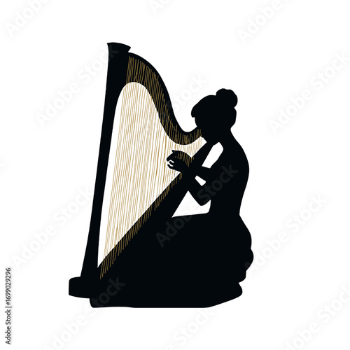Silhouette of Serenity: A captivating silhouette portrays a graceful musician engrossed in the artistry of harp playing, emphasizing the harmonious dance of music.