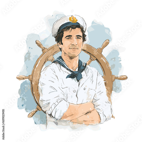 Young Sailor with Steering Wheel: A watercolor-style illustration of a handsome sailor in classic attire poses confidently against a vintage ship's wheel, evoking a sense of adventure, maritime charm.
