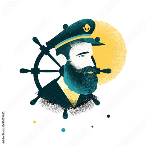 A Captain's Resolve: A detailed illustration of a seafaring captain, depicted with nautical elements like a ship wheel and maritime-inspired attire, showcasing determination and experience. 