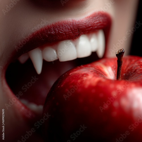 Close-up of vampire fangs biting into a red apple
