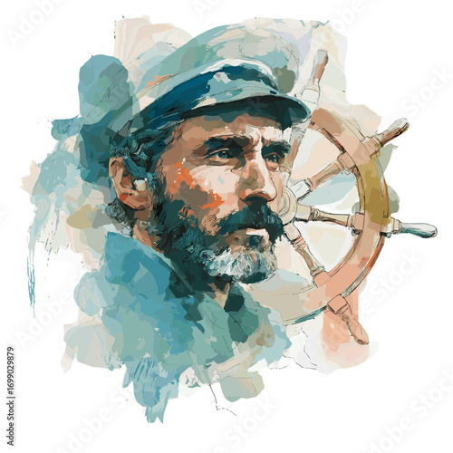 The Maritime Navigator: A weathered sailor with a resolute gaze clutches the ship's helm, embodying the spirit of exploration and mastery over the open sea.