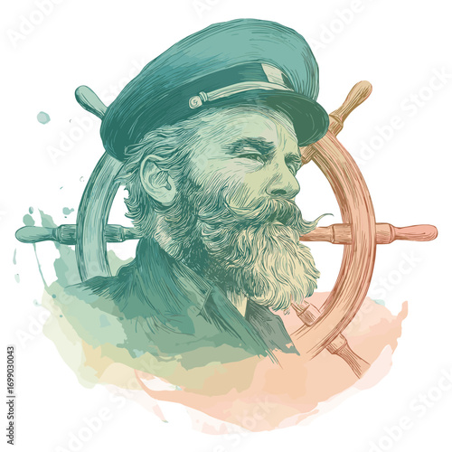 The Sea Captain's Resolve: A portrait of a seasoned sea captain, with weathered features and a determined gaze, against the backdrop of a ship's wheel, capturing the spirit of maritime adventure.
