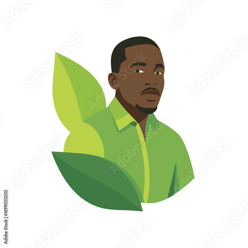 Eco-conscious African Man: A stylish illustration of a man with natural hair and a serious expression is framed by green leaf.