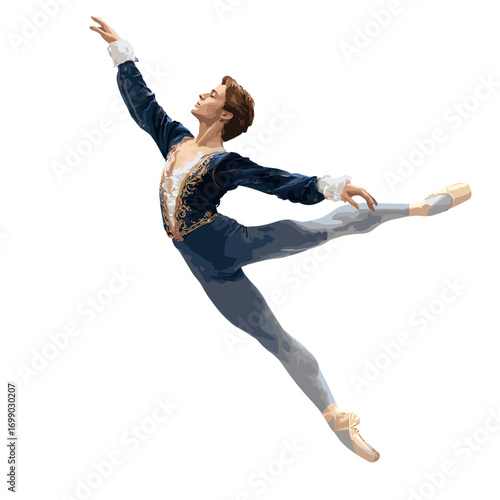 Male ballet dancer in motion: A single male ballet dancer soars through the air in a dynamic pose, clad in a regal costume. The grace and skill of the dancer is illuminated.