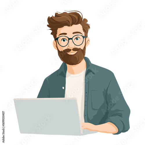 Tech-savvy Man at Work: A young man, sporting a beard and glasses, is deeply engaged with his laptop, symbolizing a modern work environment and the potential of technology. 