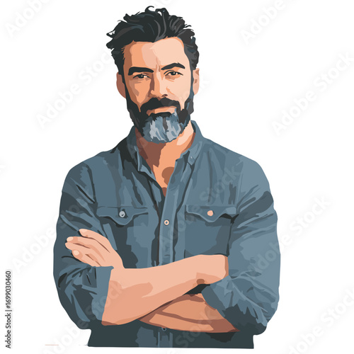 Confident Man with Beard and Arms Crossed: A striking image of a man with a well-groomed beard, arms crossed, exuding confidence and strength, portrayed in a vibrant, illustrative style.