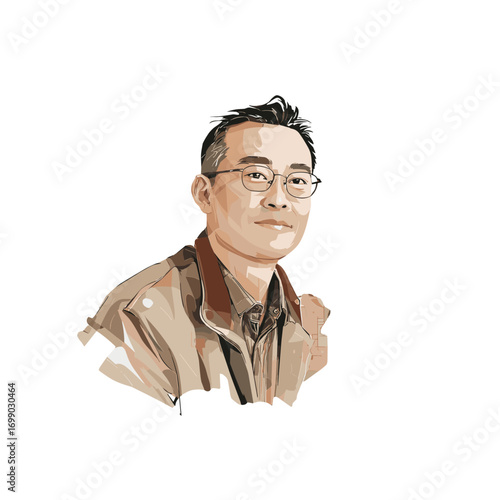 Sophisticated Portrait: A stylized watercolor portrait of a man of Asian descent.  His glasses and composed demeanor project intelligence and approachability.