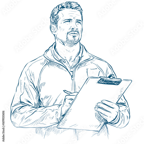 A Thoughtful Figure Holding a Clipboard: A hand-drawn depiction of an man in a zip-up jacket, intently studying a clipboard, perhaps formulating a strategic plan.