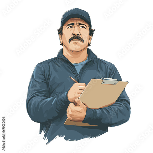 The Focused Inspector: A determined inspector, holding a clipboard and pen, stares intently, ready to assess and inspect the quality and accuracy of any item 