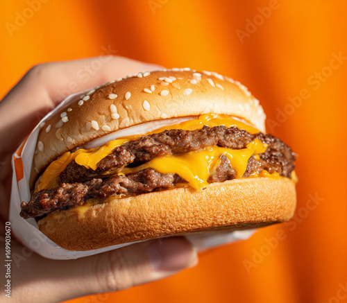 Hand Holding Double Cheeseburger with Melted Cheese on Orange Background