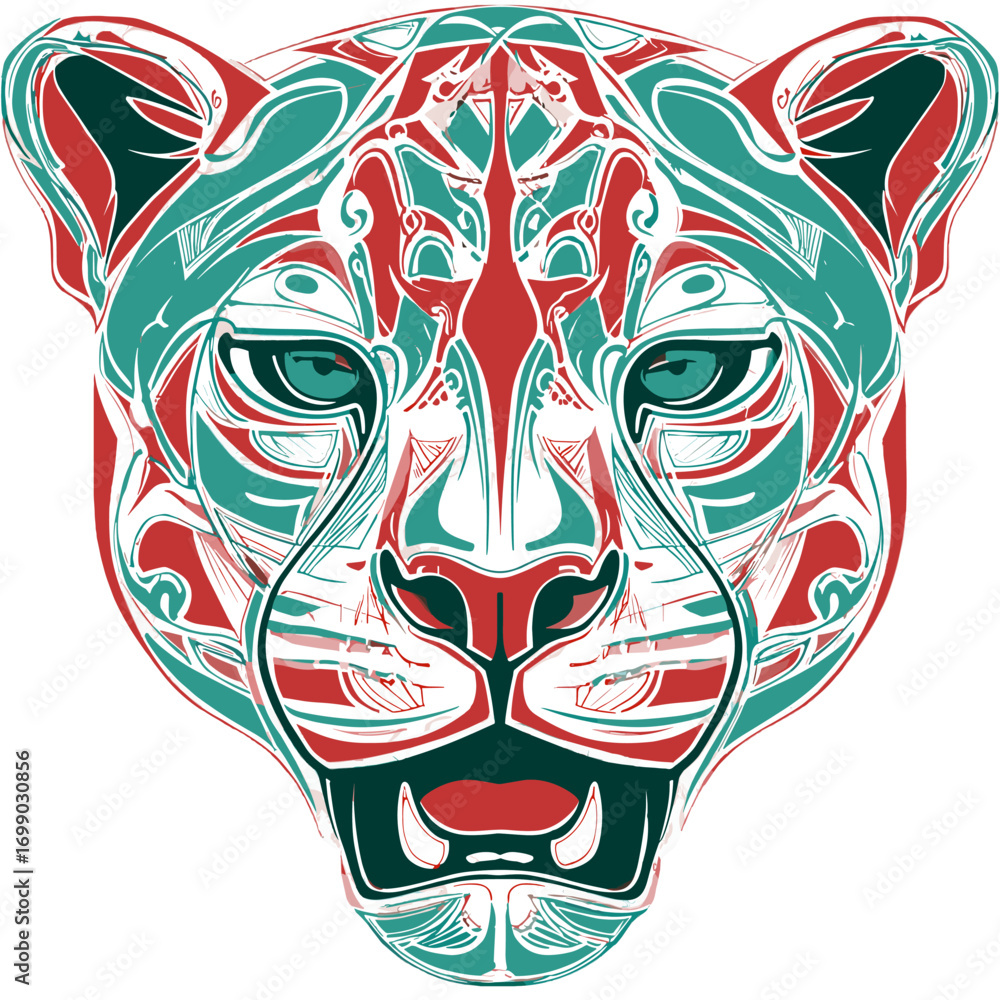 Naklejka premium Geometric Jaguar Portrait: Intricate geometric patterns combine to form a striking jaguar portrait, celebrating the beauty and power of wildlife through artful design.