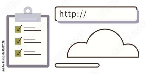 Clipboard with checklist, browser search bar with URL entry, and minimal cloud icon. Ideal for productivity, organization, data management, internet access, cloud storage, technology planning