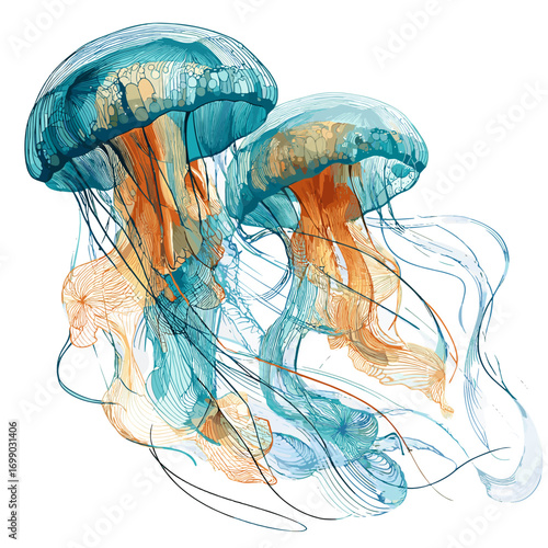 Dancing Jellyfish: An enchanting artistic watercolor painting presents two jellyfish with ethereal, translucent bodies and flowing tentacles, evoking the mystical beauty of the sea
