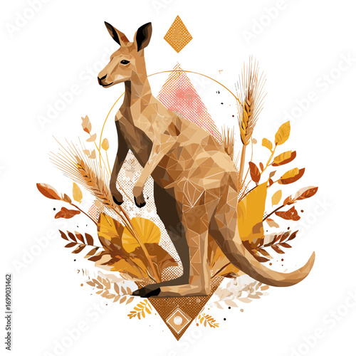 Geometric kangaroo illustration: A captivating, low-poly geometric illustration of a kangaroo amidst natural elements. The artwork captures the essence of the Australian outback.