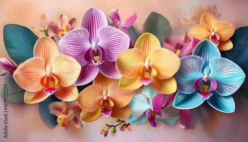 a vibrant arrangement of colorful orchids on a soft background