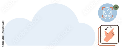 Cloud graphic with face recognition verification and hand swipe gesture icons. Ideal for technology, security, data privacy, cloud storage, authentication, touch interface, innovation. Clean simple