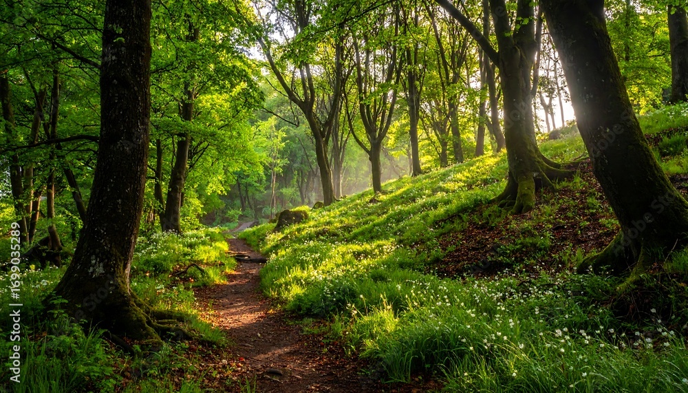 Fototapeta premium A sun-dappled woodland path winds through a vibrant green forest, bathed in the soft morning light.
