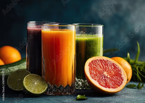 Three colorful juices, surrounded by fresh produce, on a dark background