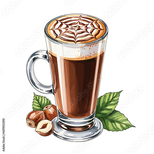 Illustrated tall glass mug of hazelnut coffee latte with decorative foam art and fresh green leaves, isolated on white background