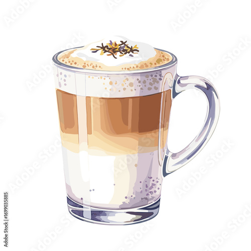 Illustration of a delicious layered coffee drink, a latte macchiato, served in a clear glass mug with creamy foam and decorative sprinkles, perfect for cafe menus.