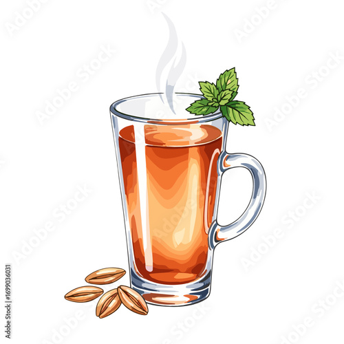 Steaming Herbal Tea in Glass Mug with Mint Leaves and Coffee Beans
