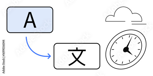 Letter A transforms to a character with arrow, clock, cloud visualizing translation and workflow. Ideal for language, communication, technology, globalization, productivity, efficiency simple flat