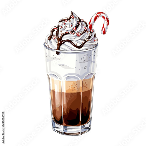 Delicious Holiday Peppermint Mocha Float with Whipped Cream and Candy Cane Garnish