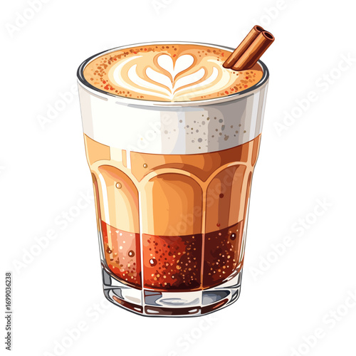 Delicious layered coffee drink with elegant latte art heart design and a cinnamon stick garnish, a refreshing beverage isolated on a white background.