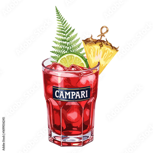 Refreshing red cocktail with ice, lime, fern, and pineapple garnish in a tall glass, vibrant summer drink illustration