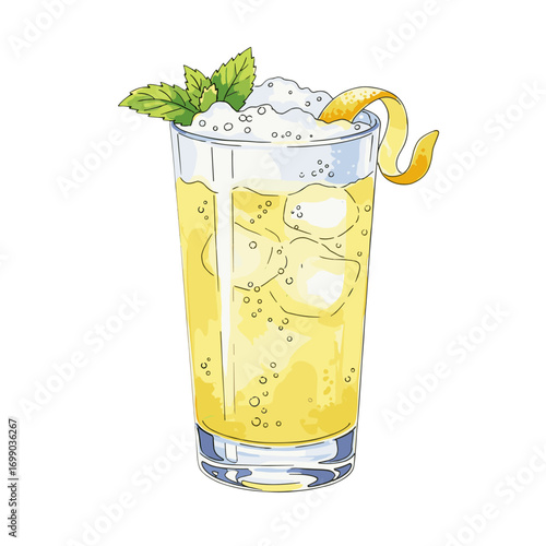 Refreshing yellow cocktail or lemonade drink with ice, mint, and lemon peel garnish in a tall glass, perfect for summer celebrations and cool beverages