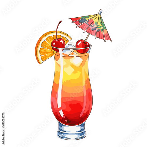 Vibrant tropical cocktail with orange slice, cherries, and a festive umbrella, perfect for summer parties and refreshing sips
