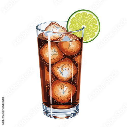 Refreshing Cold Soda Drink with Ice and Lime Slice in Glass for Summer Enjoyment
