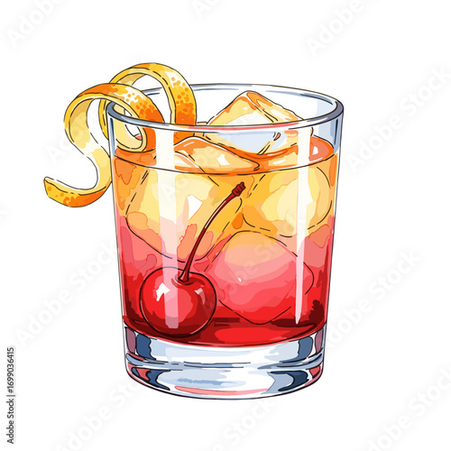 Colorful Cocktail with Cherry and Citrus Twist in Glass Featuring Ice Cubes