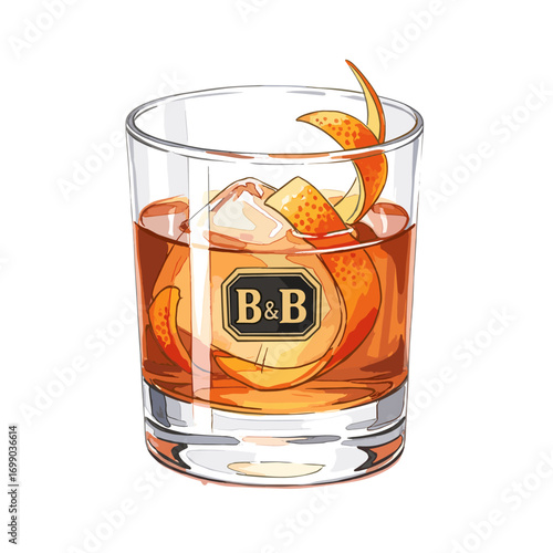 Illustrated classic cocktail in a rocks glass with ice and an orange peel garnish, a refreshing alcoholic beverage for bars and menus.
